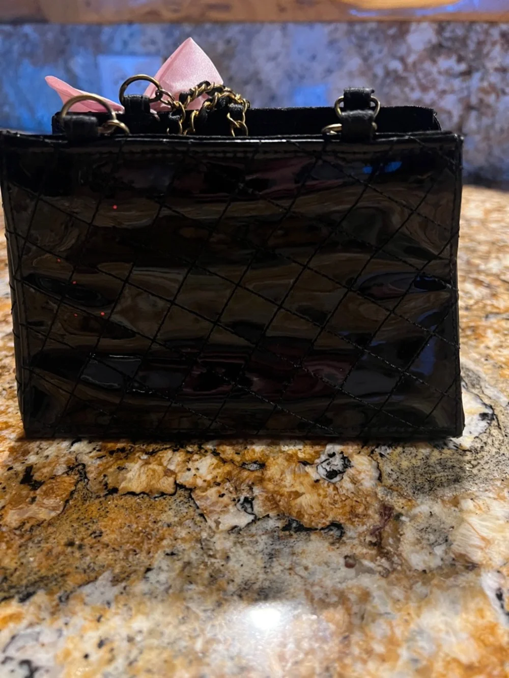 Small bag Patent Black with Pink Poodle Patch and Bow